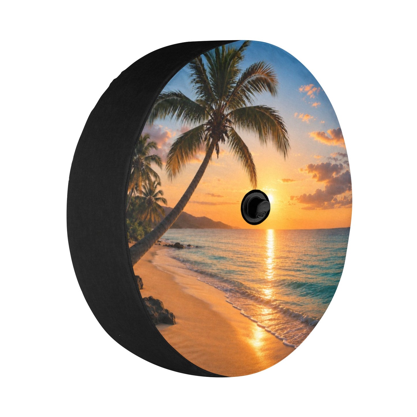 Beach Spare Tire Cover, Sunset Backup Camera Hole Rear Wheel Accessories Sun Tropical Palm Trees Waves Custom Unique Trailer Camper RV Back