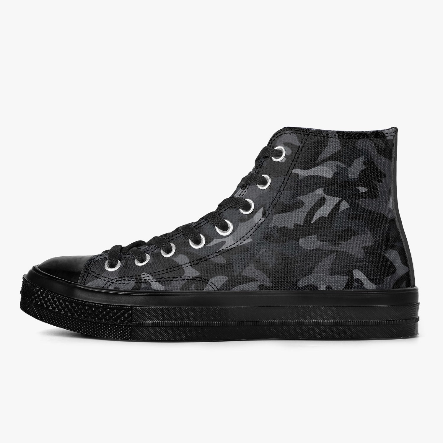 Black Camo High Top Shoes, Camouflage Grey Lace Up Sneakers Footwear Rave Canvas Streetwear Designer Men Women Starcove Fashion