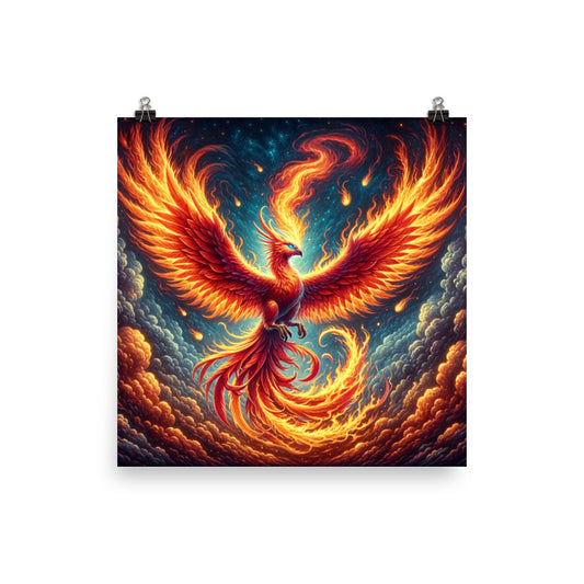 Fire Phoenix Bird Poster Print, Flames Wall Art Square Paper Artwork Small Large Cool Room Office Decor