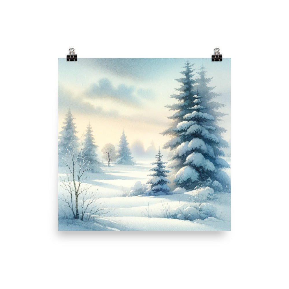 Winter Snow Poster Print, Pine Tree Scene Watercolor Holiday Wall Image Art Square Travel Paper Artwork Small Large Room Office Decor