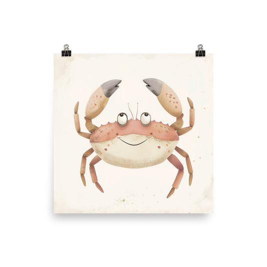 Crab Poster Print, Coastal Animal Beach Nursery Wall Image Art Square Paper Artwork Small Large Cool Room Office Decor