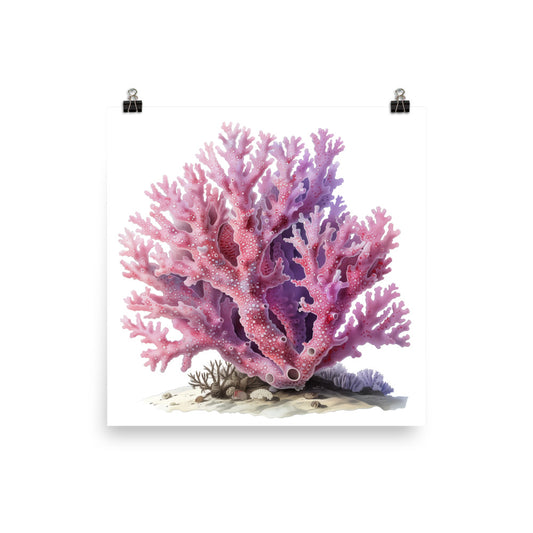 Coral Reef Poster Print, Pink Beach Watercolor Coastal Marine Flora Wall Art Square Paper Artwork Small Large Room Decor
