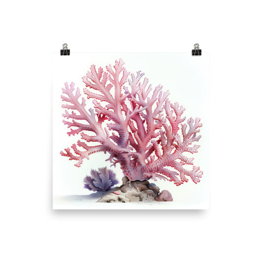 Coral Reef Poster Print, Pink Beach Watercolor Coastal Marine Flora Wall Art Square Paper Artwork Small Large Room Decor