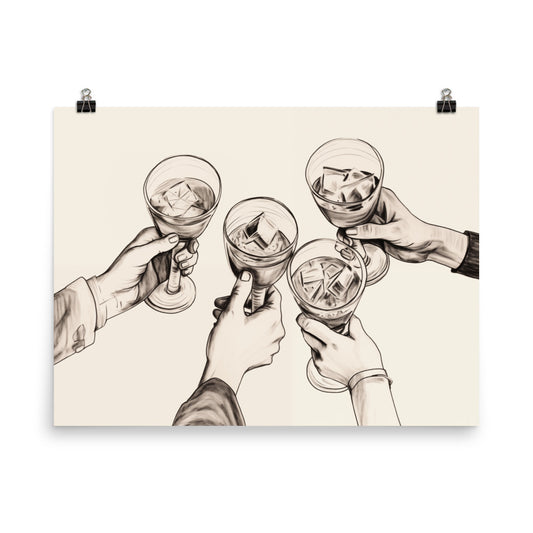 Cheers Bar Cart Drinks Poster Print, Cocktails Toast Dining Kitchen Wall Art Horizontal Paper Artwork Small Large Cool Decor