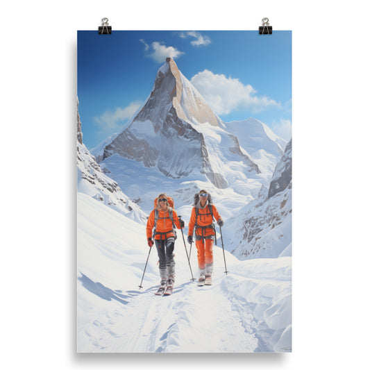 Ski Poster Print, Mountaineering Mountains Skiing Snow Wall Image Art Vertical Travel Paper Artwork Small Large Cool Room Decor