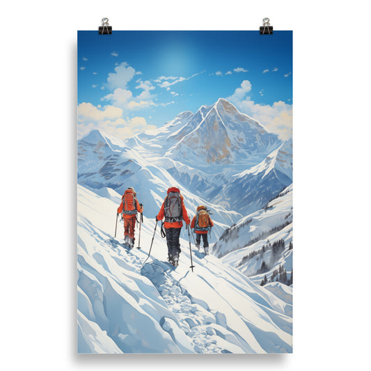 Ski Poster Print, Mountaineering Mountains Skiing Snow Wall Image Art Vertical Travel Paper Artwork Small Large Cool Room Decor