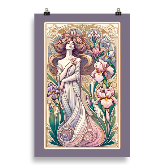 Art Nouveau Poster Print, Vintage Retro Woman Floral Purple Wall Art Vertical Travel Paper Artwork Small Large Office Decor