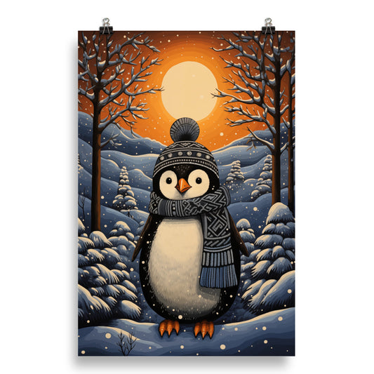 Penguin Poster Print, Winter Snow Cute Animal Illustration Wall Art Vertical Paper Artwork Small Large Cool Room Office Decor