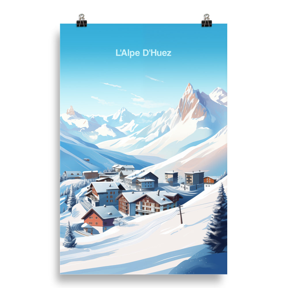 L'Alpe D'Huez Ski Poster Print, Resort Snow Retro Vintage Wall Art Vertical Travel Paper Artwork Small Large Cool Room Decor