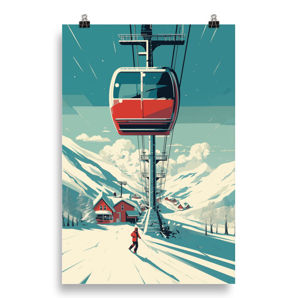 Ski Gondola Poster Print, Retro Vintage Snow Mountain Wall Image Art Vertical Travel Paper Artwork Small Large Cool Office Decor