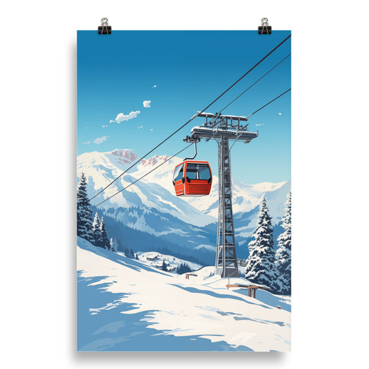 Ski Gondola Poster Print, Retro Vintage Snow Mountain Wall Image Art Vertical Travel Paper Artwork Small Large Cool Office Decor