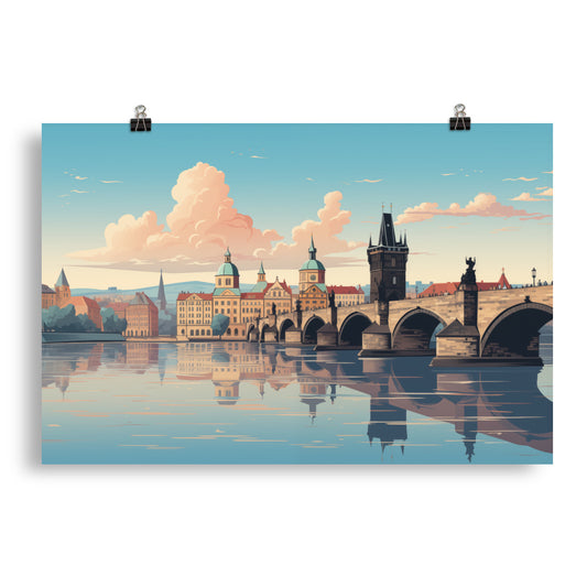 Prague Poster Print, Charles Bridge Old Town Czech Republic Vintage Retro Praha Wall Art Horizontal Travel Paper Artwork Small Large