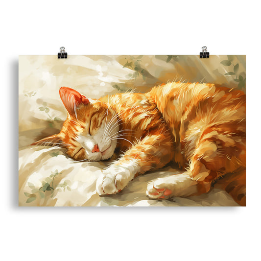 Orange Cat Sleeping Poster Print, Cute Kitten Wall Image Art Horizontal Paper Artwork Small Large Cool Room Office Decor