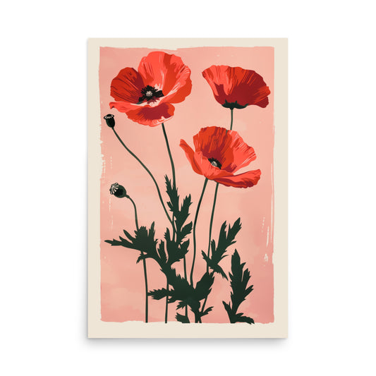 Red Poppy Poster Print, Pink Floral Flowers Botanical Dopamine Wall Art Vertical Paper Artwork Small Large Cool Room Home Decor Print