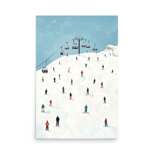 Alpine Skiers Poster, Minimalist Winter Snow Ski Lift Watercolor Retro Vintage Print Wall Art Vertical Travel Artwork Small Large Paper