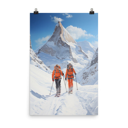 Ski Poster Print, Mountaineering Mountains Skiing Snow Wall Image Art Vertical Travel Paper Artwork Small Large Cool Room Decor