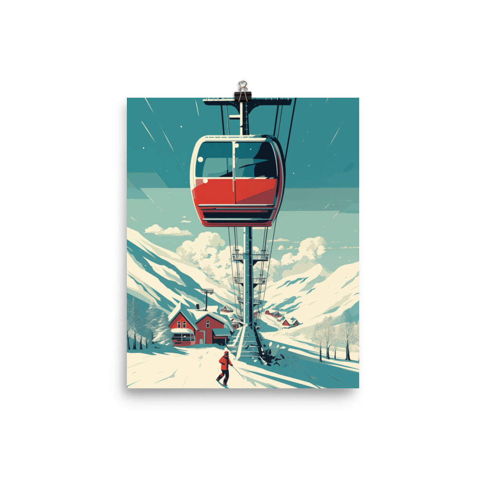 Ski Gondola Poster Print, Retro Vintage Snow Mountain Wall Image Art Vertical Travel Paper Artwork Small Large Cool Office Decor