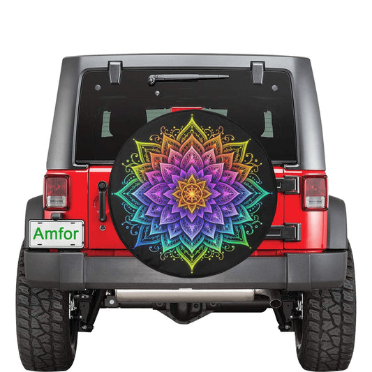 Mandala Spare Tire Cover, Flower Tie Dye Bohemian Rear Auto Vehicle Backup Camera Hole Unique Back Wheel Cars RV SUV Off Road Trailer Camper