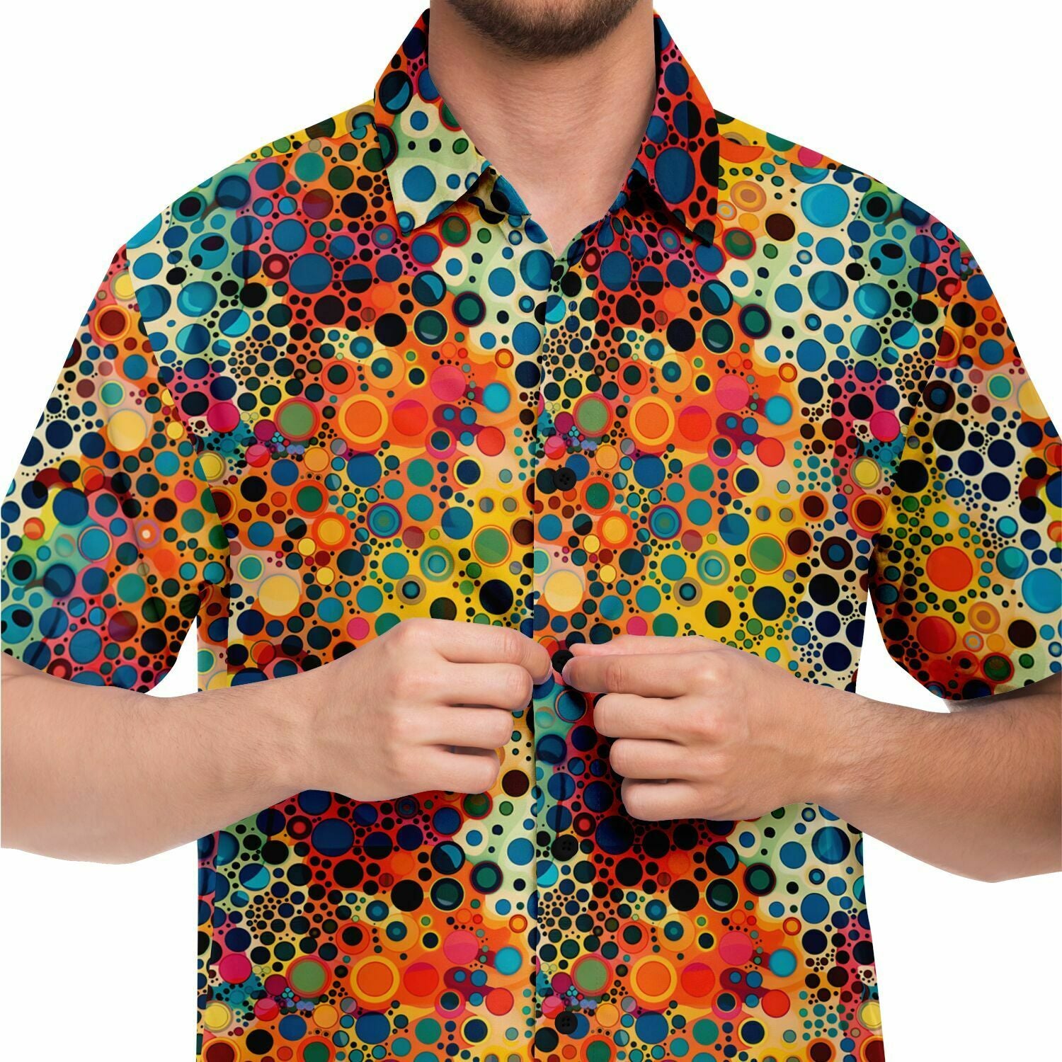 Psychedelic Men Button Up Shirt, Funky Groovy Retro Vibrant Dot Art Vintage Short Sleeve Festival Print Buttoned Down Guys Collared Designer M