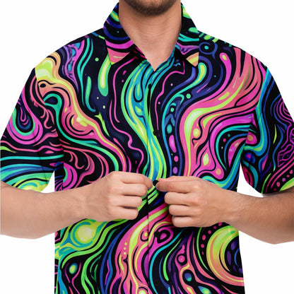 Psychedelic Men Button Up Shirt, Vibrant Trippy Funky Festival Short Sleeve Print Casual Buttoned Down Summer Male Guys Collared Designer - Starcove Fashion