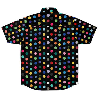 Vibrant Polk Dots Men Button Up Shirt, Colorful Festival Short Sleeve Print Casual Buttoned Down Summer Male Guys Collared Designer Dress