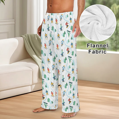 Ski Men Flannel Pajamas Pants, Skiing Snowboard Winter Sports Snow PJ Sleep Trousers Sleepwear Guys Male Adult Long Lounge Trousers Bottoms
