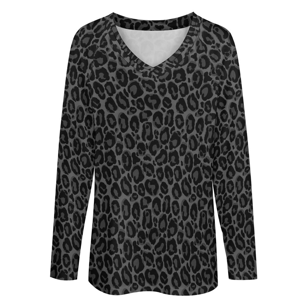 Black Leopard Women Long Sleeve Tshirt loose fit, Gray Animal Print Relaxed V-neck Designer Graphic Aesthetic Ladies Female Tee Top Shirt - Starcove Fashion