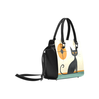 Mid Century Modern Cat Leather Purse Handbag, Sunburst Print Vintage Designer Women Ladies Satchel Top Zip Handle Black Bag Shoulder Strap