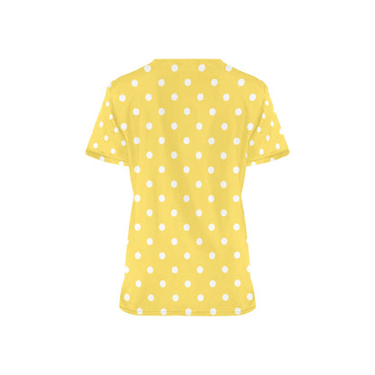 Yellow Polka Dots Medical Scrubs Top Women, Printed Ladies Female Plus Size Nursing Nurse Vet Veterinary Uniform Pockets Patterned
