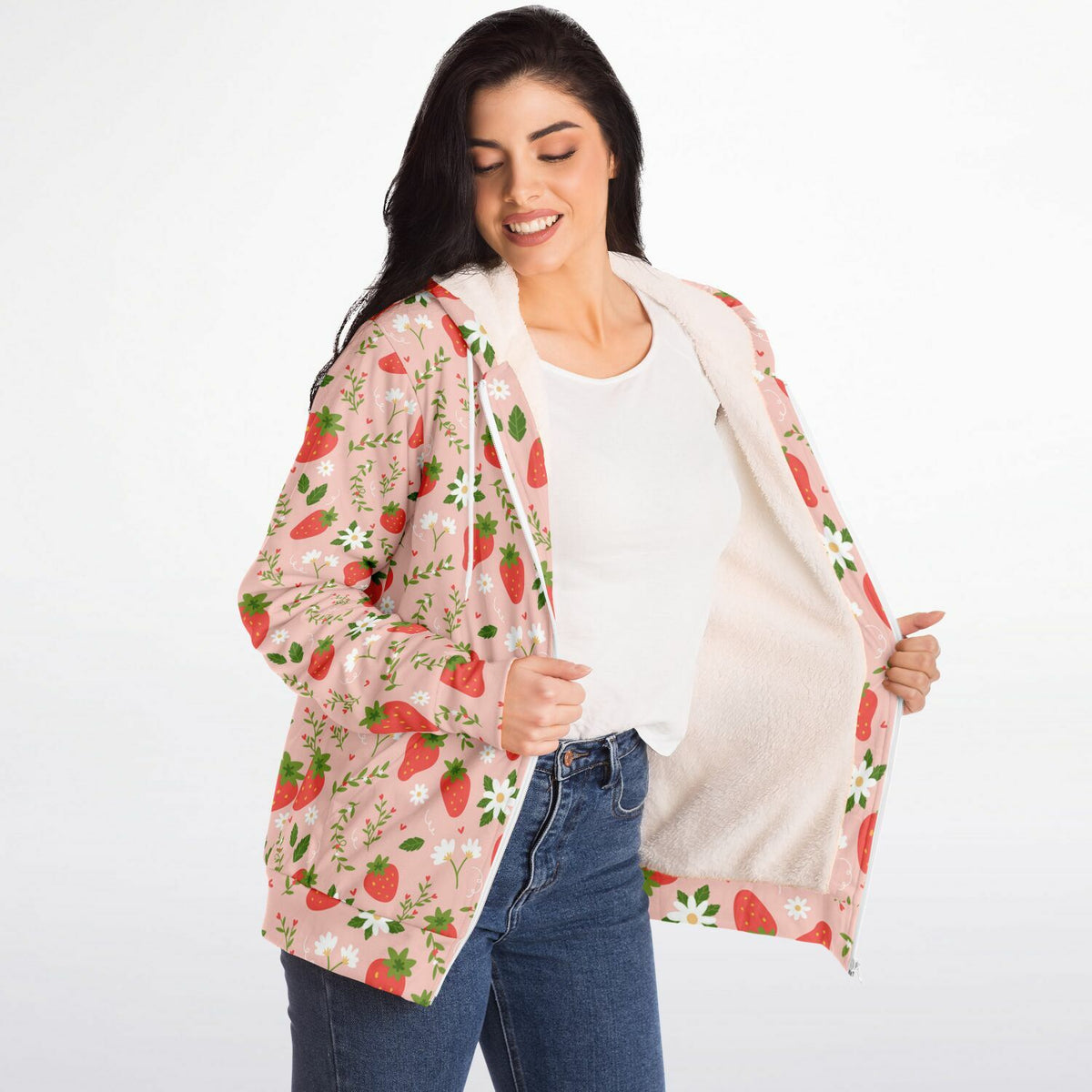 Strawberry Zip Up Fleece Lined Hoodie, Pink Floral Flowers Sherpa Heavyweight Full Zipper Men Women Unisex Graphic Hooded Sweatshirt Jacket