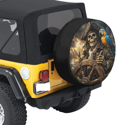 Pirate Skeleton Spare Tire Cover, Skull Parrot Boat Funny Rear Extra Spare Backup Camera Hole Wheel Unique RV Back Cars RV Trailer Campers
