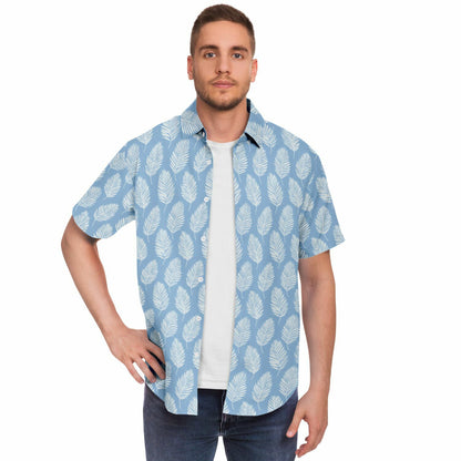 Light Blue Men Button Up Shirt, Palm Tree Leaf White Short Sleeve Print Casual Buttoned Down Summer Male Guys Collared Designer Dress