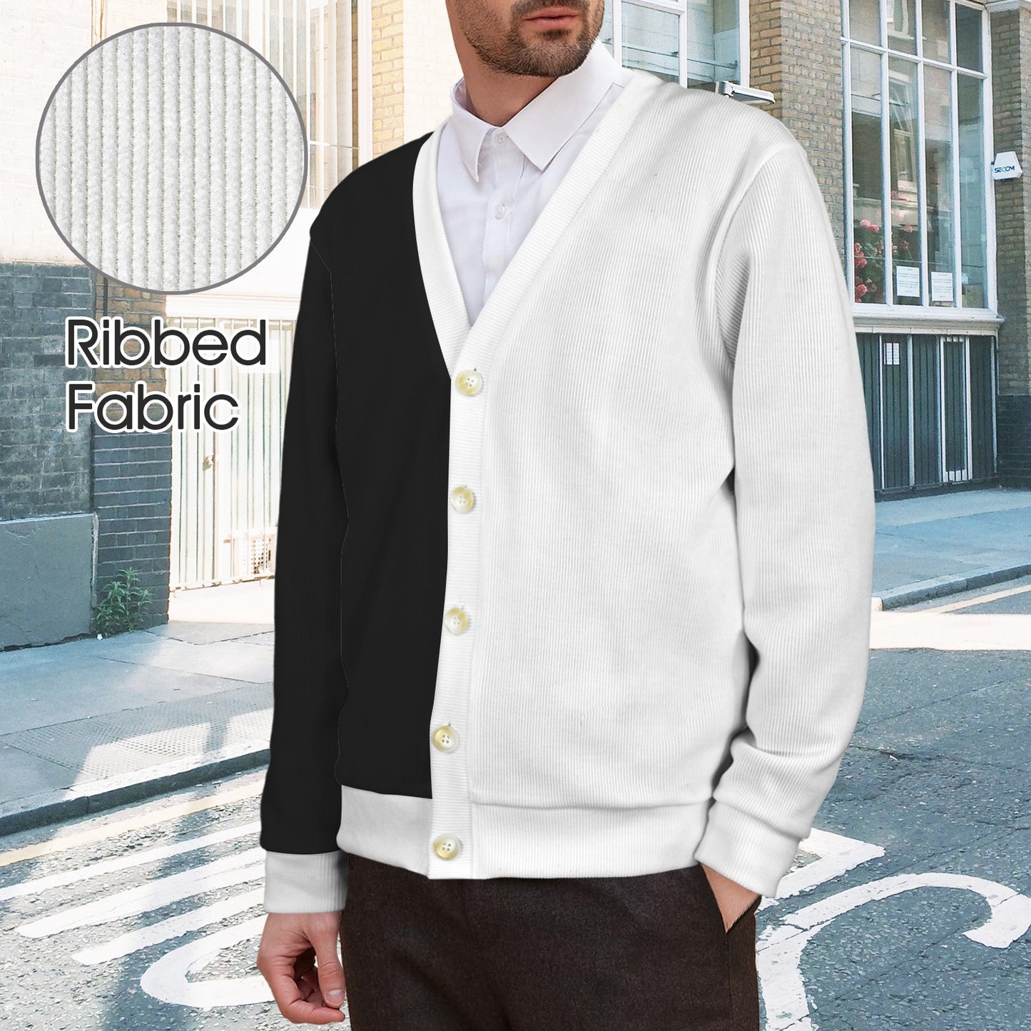 Half Black Half White Men Cardigan, Color Block 2 Tone Male Sweatshirt Sweater Long Sleeve Plus Size V Neck Lightweight Button Up Jumper Top