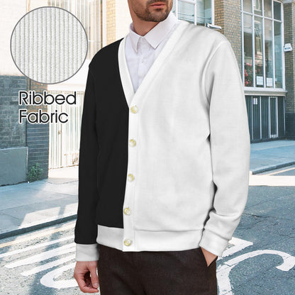 Half Black Half White Men Cardigan, Color Block 2 Tone Male Sweatshirt Sweater Long Sleeve Plus Size V Neck Lightweight Button Up Jumper Top