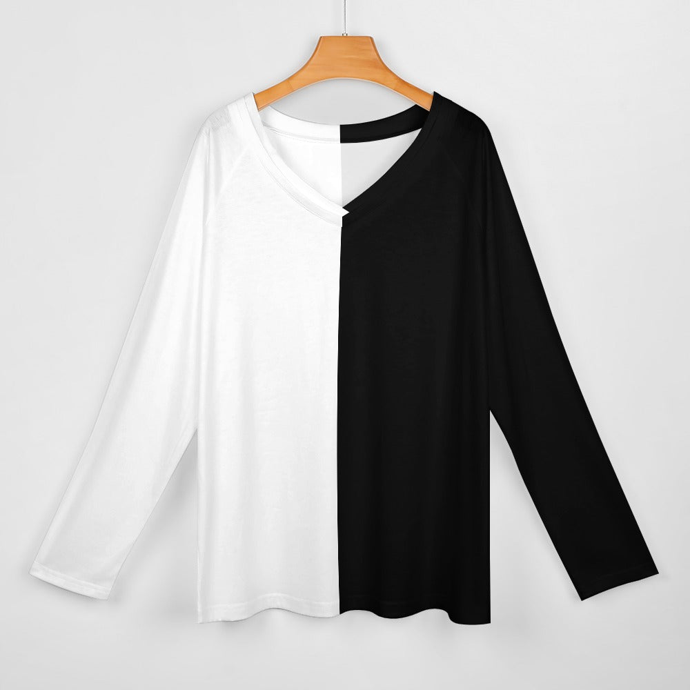 Half Black Half White Women Long Sleeve Tshirt loose fit, Color Block Split 2 Tone Relaxed V-neck Designer Ladies Female Tee Top Shirt