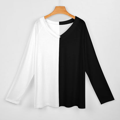 Half Black Half White Women Long Sleeve Tshirt loose fit, Color Block Split 2 Tone Relaxed V-neck Designer Ladies Female Tee Top Shirt