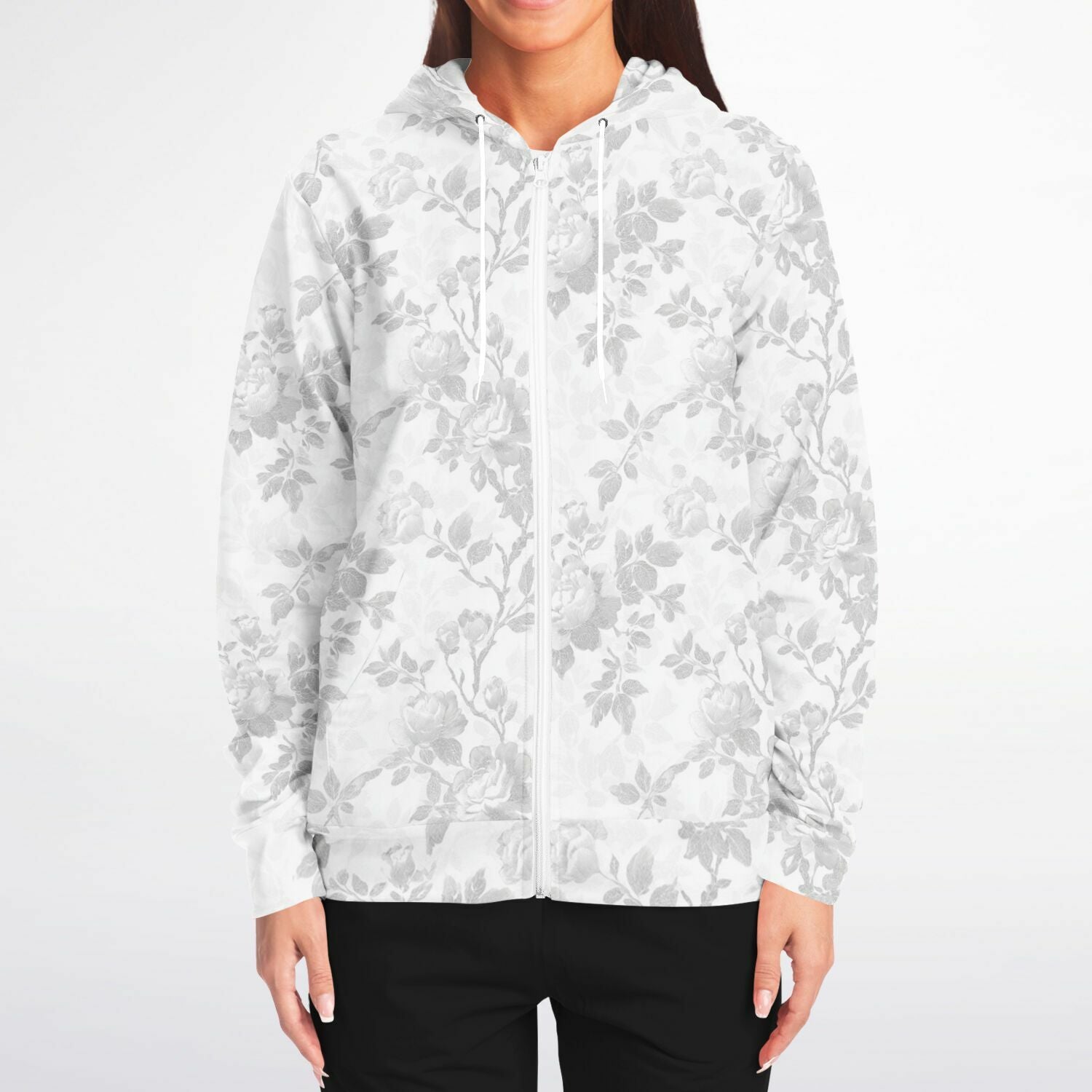 White Floral Zip Up Hoodie, Flowers Full Zipper Pocket Men Women Unisex Adult Aesthetic Graphic Cotton Fleece Hooded Sweatshirt - Starcove Fashion