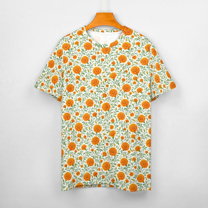 Marigold Flower Women Cotton Tshirt, Orange Floral Ladies Female Designer Adult Graphic Aesthetic Fashion Fitted Crewneck Tee Shirt Top - Starcove Fashion
