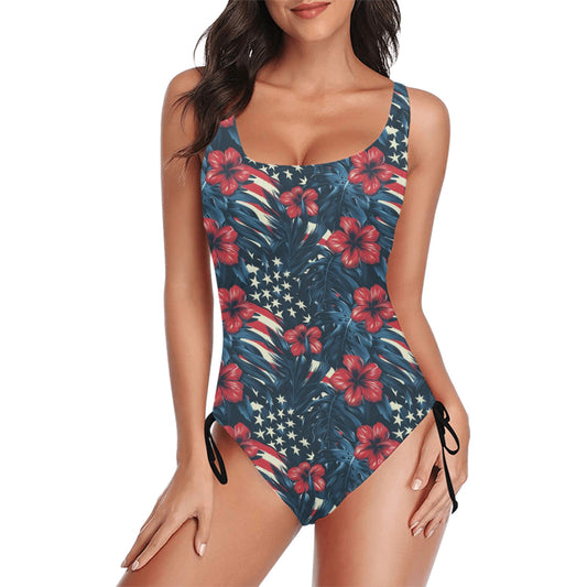Red White Blue Hibiscus One Piece Swimsuit for Women, American USA Stars Beach Hawaiian Cute Designer Swim Swimming Bathing Suits Swimwear