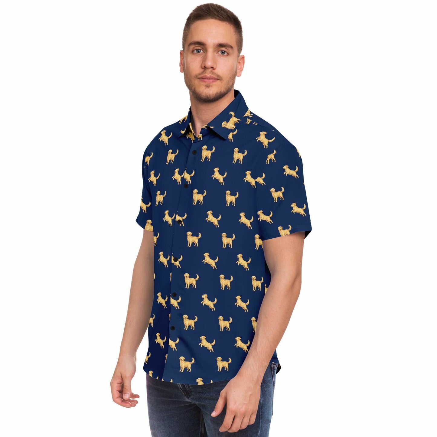 Golden Retriever Men Button Up Shirt, Dog Animal Navy Short Sleeve Print Casual Buttoned Down Summer Male Guys Collared Designer Dress