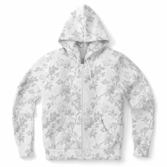 White Floral Zip Up Hoodie, Flowers Full Zipper Pocket Men Women Unisex Adult Aesthetic Graphic Cotton Fleece Hooded Sweatshirt