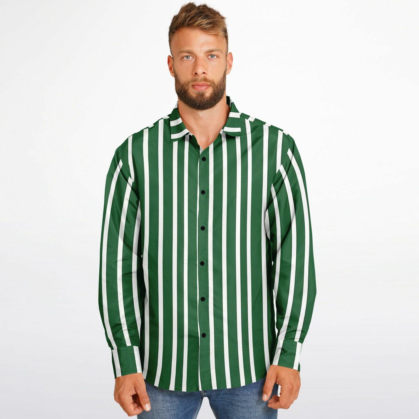 Green White Striped Long Sleeve Men Button Up Shirt, Vertical Stripes Guys Male Print Buttoned Down Collared Graphic Casual Dress Plus Size
