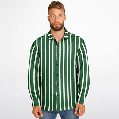 Green White Striped Long Sleeve Men Button Up Shirt, Vertical Stripes Guys Male Print Buttoned Down Collared Graphic Casual Dress Plus Size