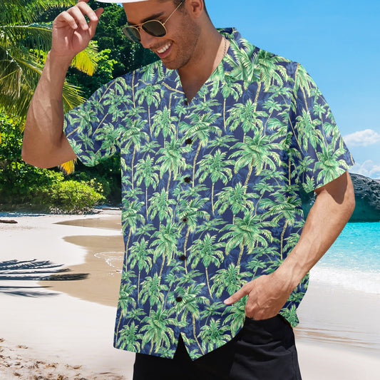 Blue Hawaiian Men Shirt with Palm Trees, Green Beach Print Vintage Aloha Hawaii Retro Summer Tropical Plus Size Pocket Guys Button Down