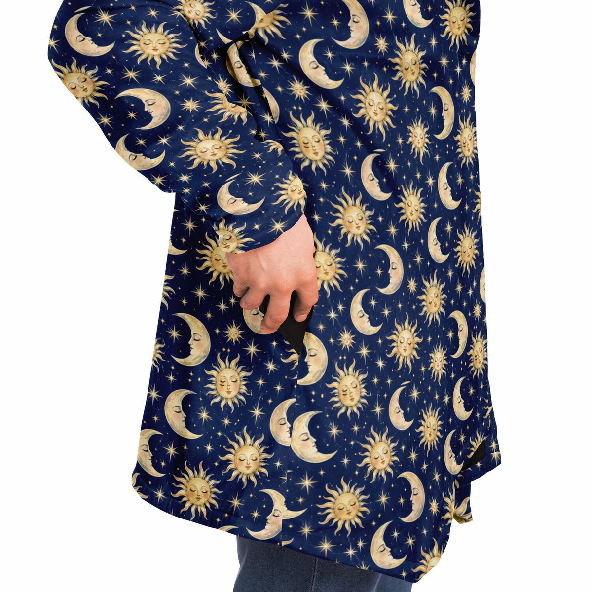Sun Moon Hooded Cloak, Blue Navy Celestial Cosmic Space Coat Men Women Ladies Winter Warm Mink Fleece Blanket Robe Wearable Cape Pockets