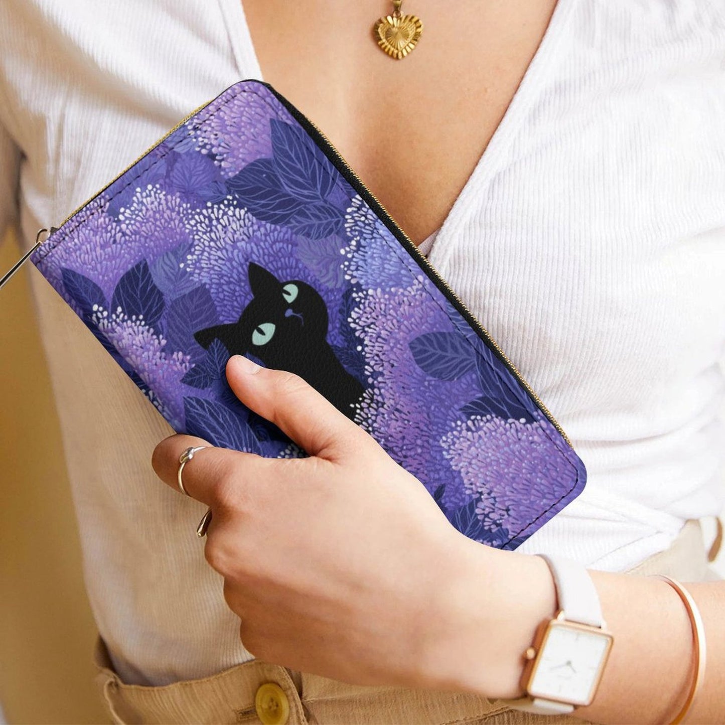 Black Cat Leather Wallet Women, Lilac Purple Floral Flowers Vegan Zipper Zip Around Coins Credit Cards Pocket Cash Ladies Slim Clutch Purse