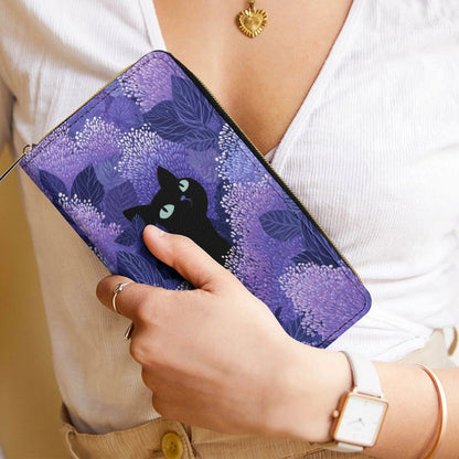 Black Cat Leather Wallet Women, Lilac Purple Floral Flowers Vegan Zipper Zip Around Coins Credit Cards Pocket Cash Ladies Slim Clutch Purse