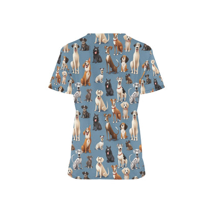 Dog Breed Medical Scrubs Top Women, Pet Animal Grooming Clinic Ladies Female Plus Size Nursing Nurse Vet Veterinary Hospital Uniform Pockets