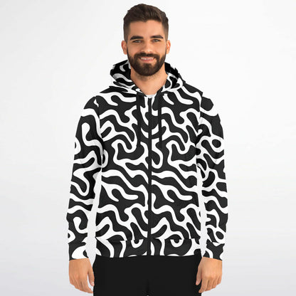 Black White Zip Up Hoodie, Trippy Psychedelic Wavy Groovy Funky Full Zipper Pocket Men Women Unisex Adult Cotton Fleece Hooded Sweatshirt