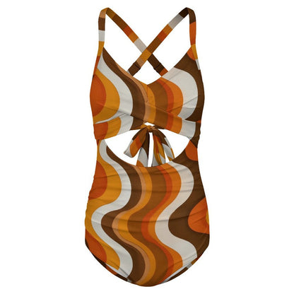 70s Wavy One Piece Swimsuit Women, Retro Vintage Party Cut Out Tummy Control Designer Swim 1 Swimming Bathing Suits Body Ladies Swimwear